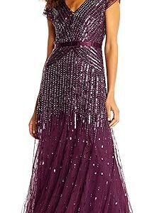 Adrianna Papell Women's Long Beaded V-Neck Dress with Cap Sleeves and Waistband