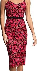 Dress the Population Women's Emma V Neck Embroidered Sleeveless Belted Midi Dress