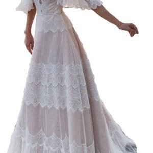 Women's Wedding Dresses Chic Lace Evening Dresses V Neck Ruffle Sleeves Beachy Boho Outdoorsy Wedding Gowns